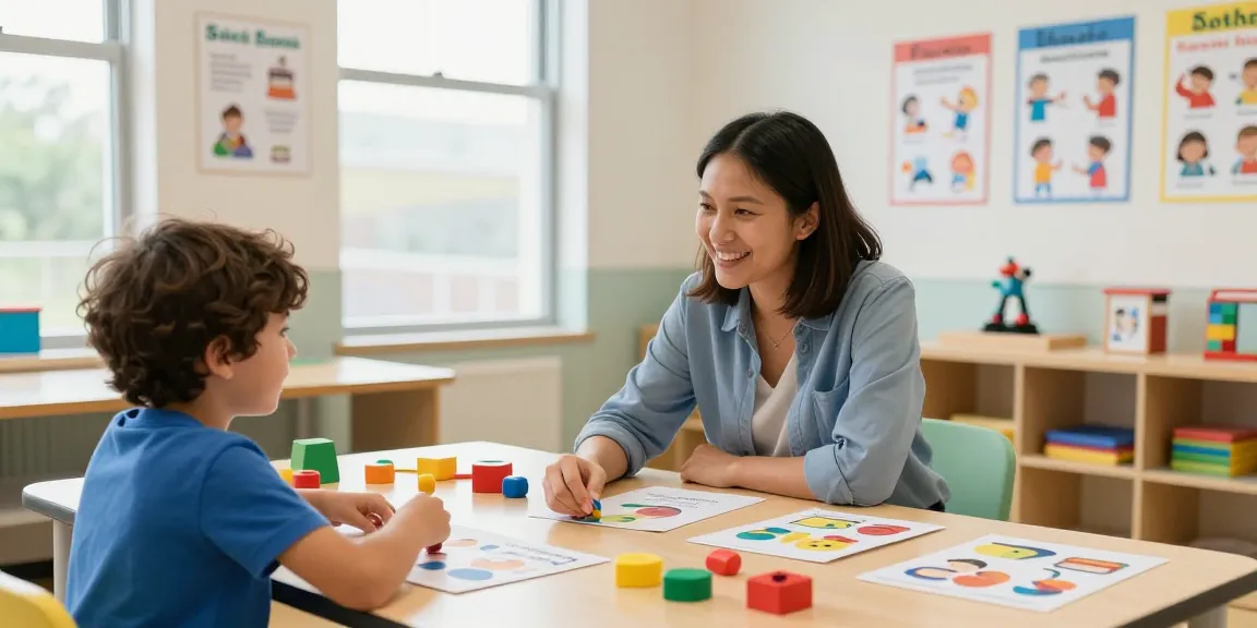 Engaging social skills program for autism Burlington in a bright therapy room, showcasing a child and therapist in interactive learning.
