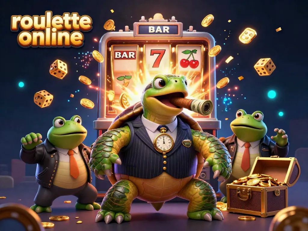 Engage in thrilling roullete online with vibrant, animated characters amidst a casino jackpot scene.