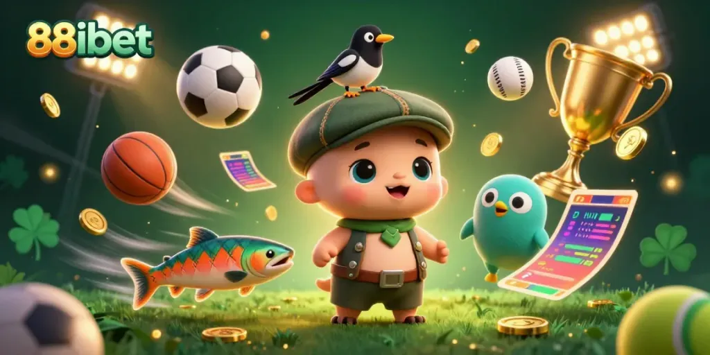 88ibet showcases a playful 3D illustration with baby Nessie and sports elements amidst a vibrant casino environment.