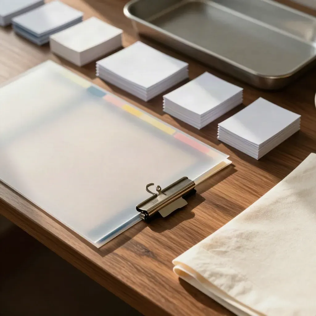 Top-down shortlist piles of candidate sleeves, color tabs, and steel clips on warm walnut.
