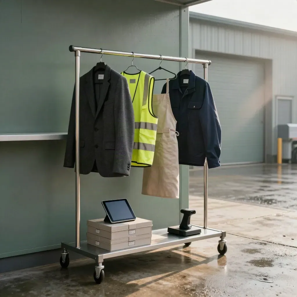 Cinematic staffing hub with workwear, intake tools, and dockside materials in post-rain dawn light.