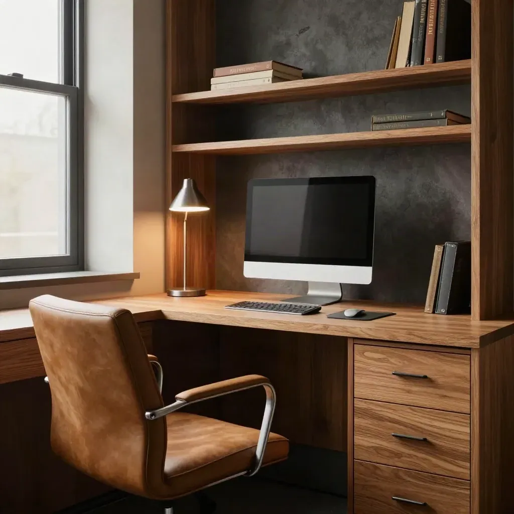 Cozy office corner with a task chair, closed monitor, lamp, and built-in storage.