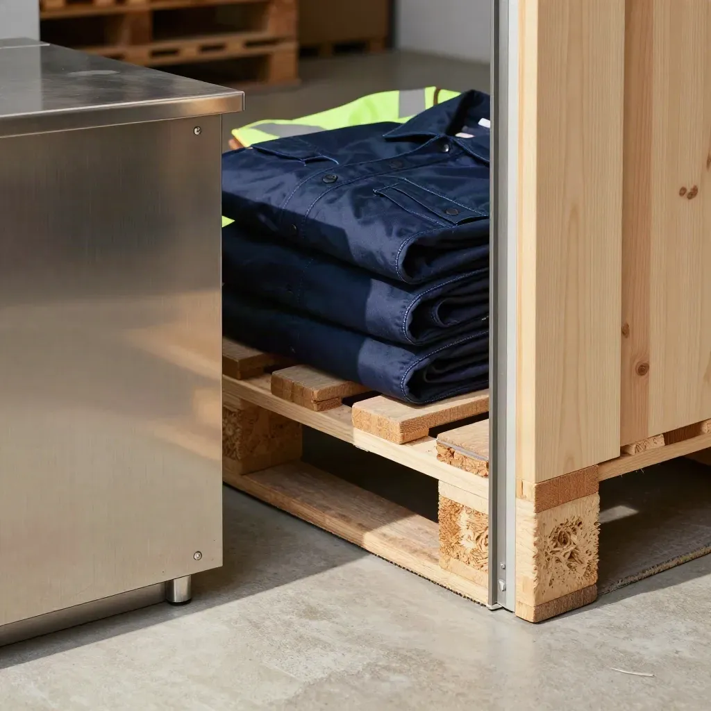 Folded uniforms, reception counter and dock pallet in warm morning light