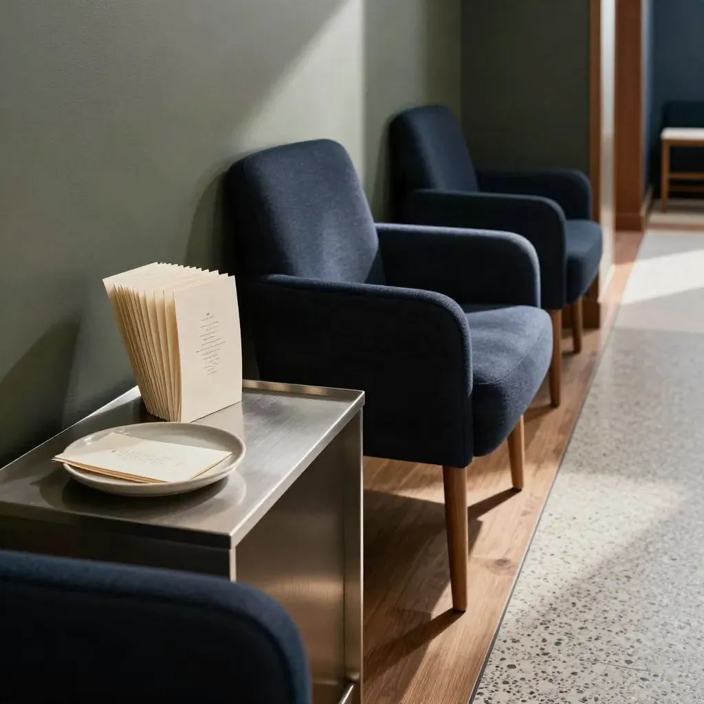 Quiet reception nook with navy chairs and invitation sleeves in cinematic corridor light.