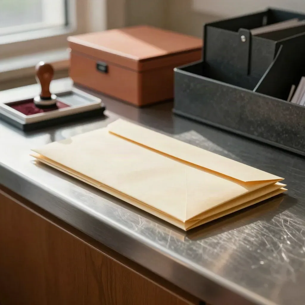 Payroll envelopes, punch-card reel, and stamp pad on a steel counter in warm daylight.