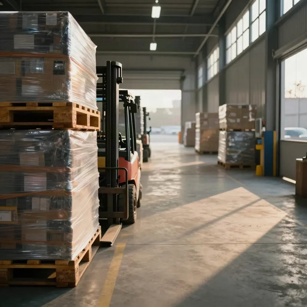 Organized warehouse aisle with wrapped pallets, dock lights on, ready for inbound trucks.