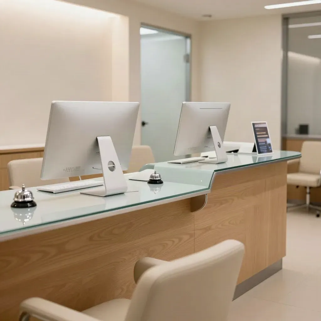 Modern clinic reception with two ready workstations and aligned waiting chairs