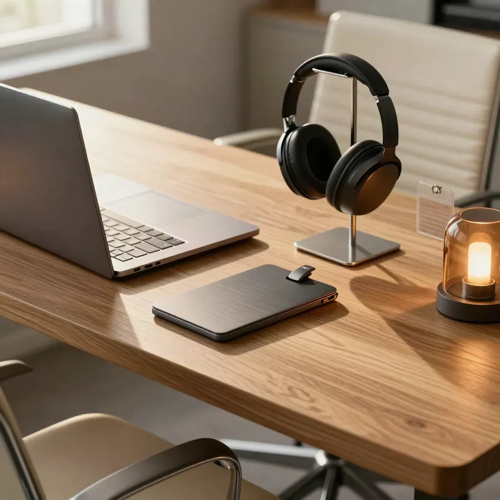 Closed laptop, headset, badge holder and glowing task lamp on a warm project desk