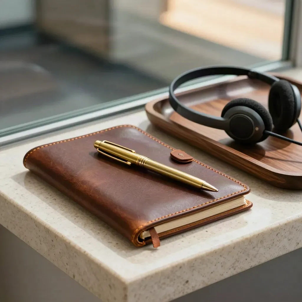 Leather portfolio, brass pen, and headset on walnut tray in dramatic studio light.
