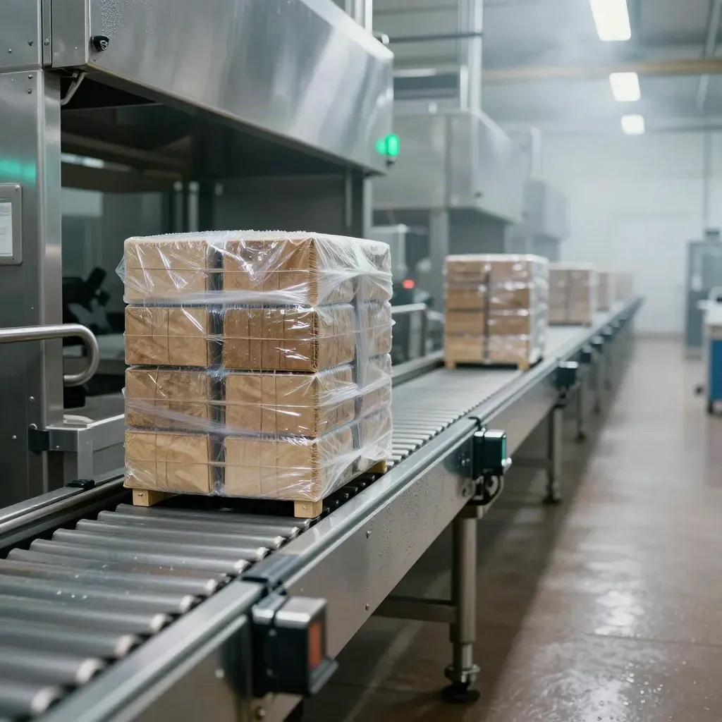 Stainless food plant conveyor with wrapped crates, green lights, and cool mist in a clean aisle