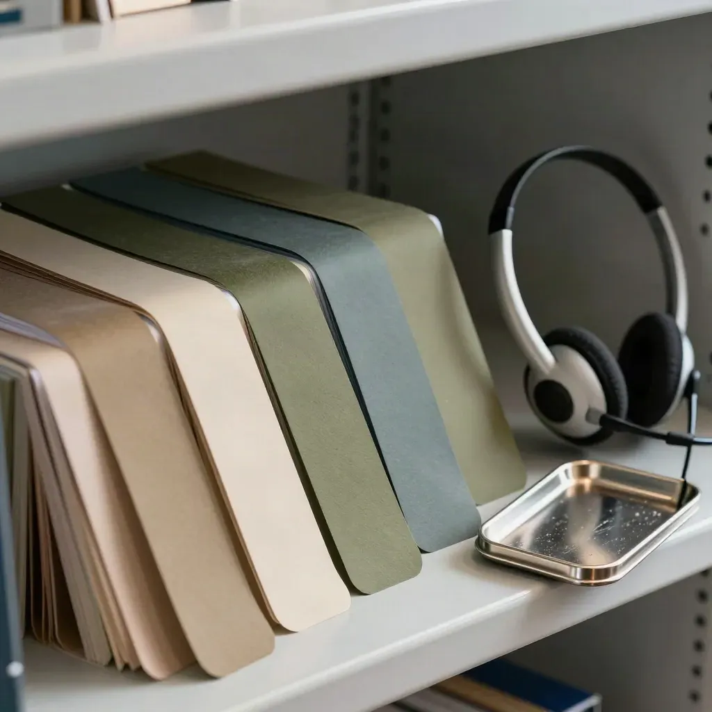 Tabbed candidate files, headset, and steel clip tray on an archive shelf