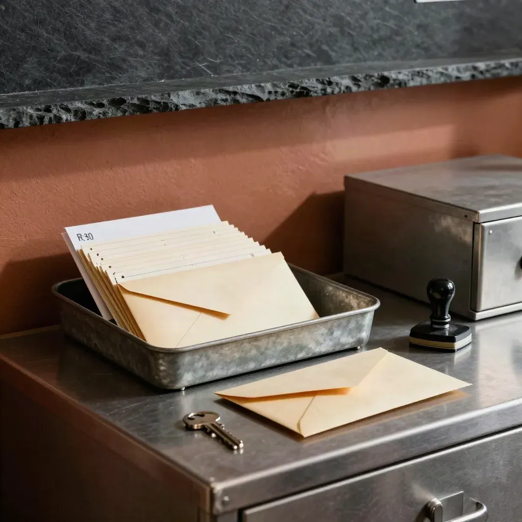 Steel counter still life with punch-card tray, sealed pay envelopes, and stamp pad in a payroll back room.