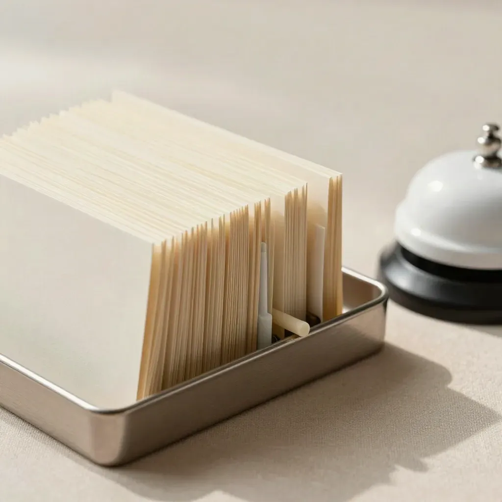 Cream appointment cards in a tray beside a desk bell on pale oak, lit by soft daylight.
