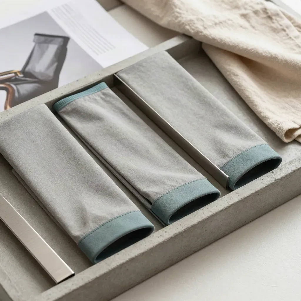 Top-down tray of candidate sleeves split into strong and maybe piles with teal tabs and a steel divider.