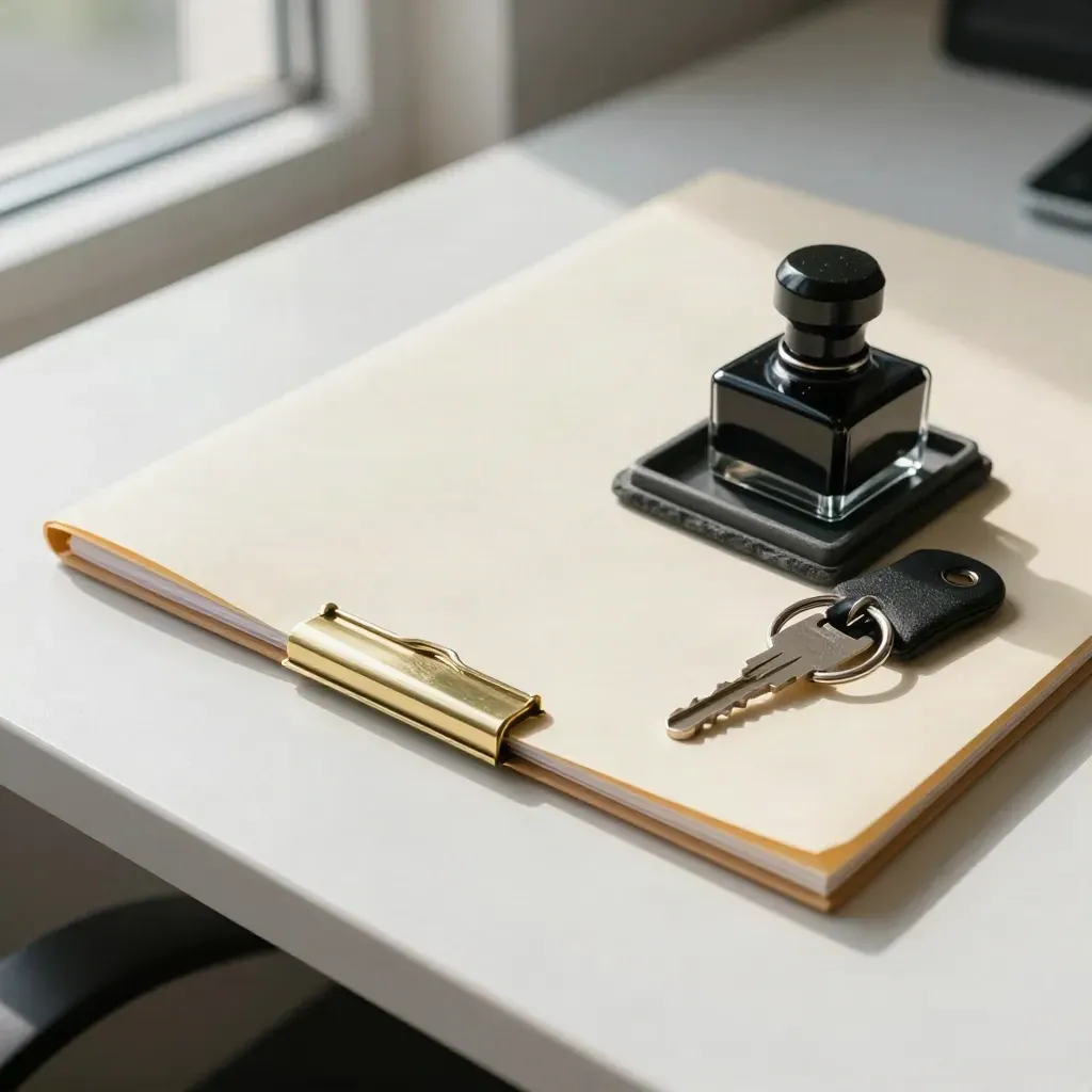 Folder, stamp pad, and payroll key fob on an off-white plaster sweep with soft daylight.