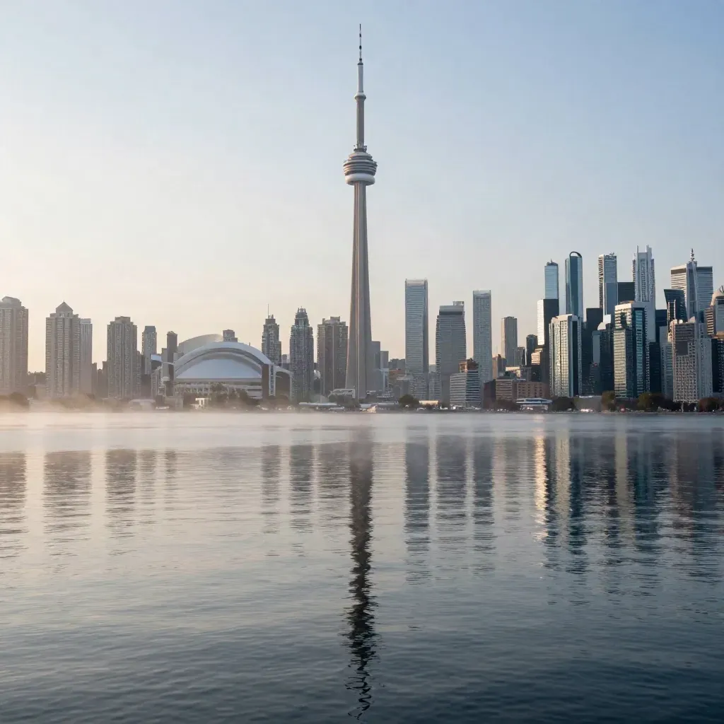 Toronto skyline with CN Tower above calm harbour water and morning mist