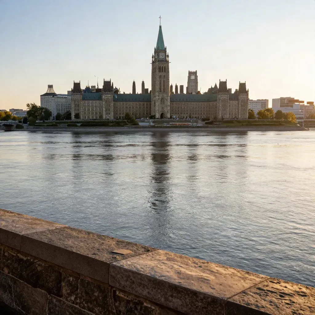 Golden Ottawa River view with Parliament Hill glowing through haze.