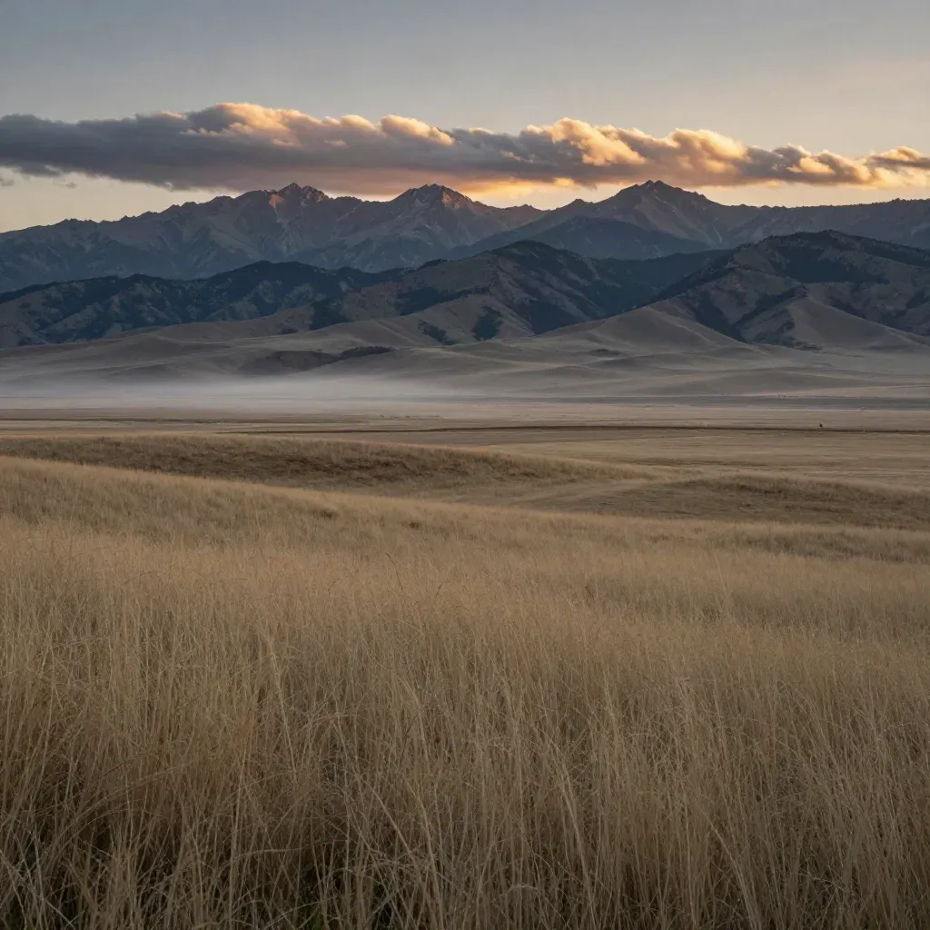 Alberta foothills under stormbreak sunset light with a distant Rocky Mountain ridge