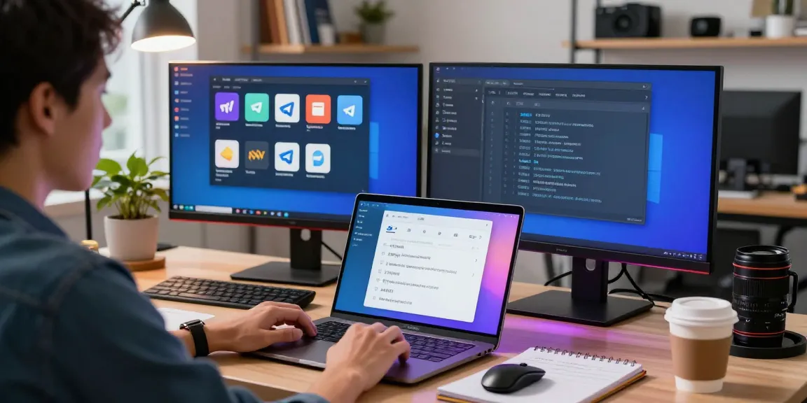 Setting up Telegram Chinese language in a modern tech workspace with detailed instructions and vibrant tools.