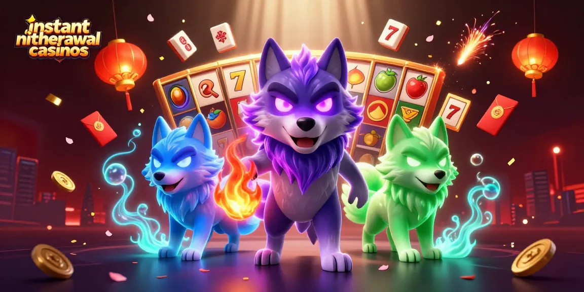 Experience instant withdrawal casinos with vibrant 3D wolves, slot reels, and floating treasures.