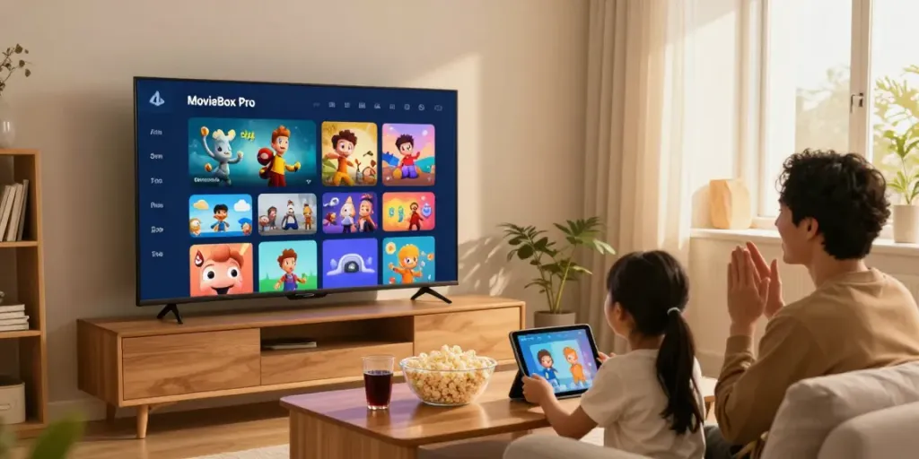 Family watching movies on MovieBox Pro App, showcasing a warm living room experience.