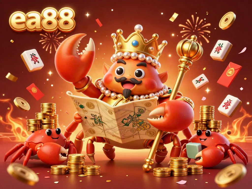 Explore the vibrant casino scene featuring the ea88 crab emperor amidst gold chips and festive decorations.
